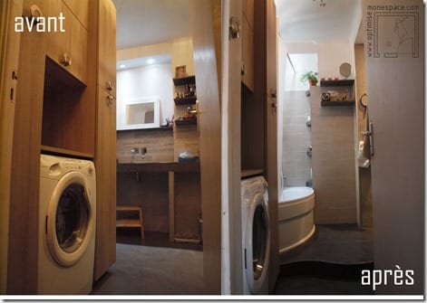 Salle de bain 4m2 avec machine à laver et baignoire