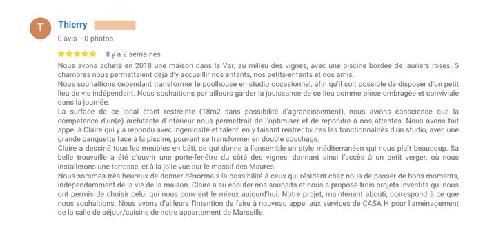 Avis client projet HOMER® aménagement intérieur d'un pool house
