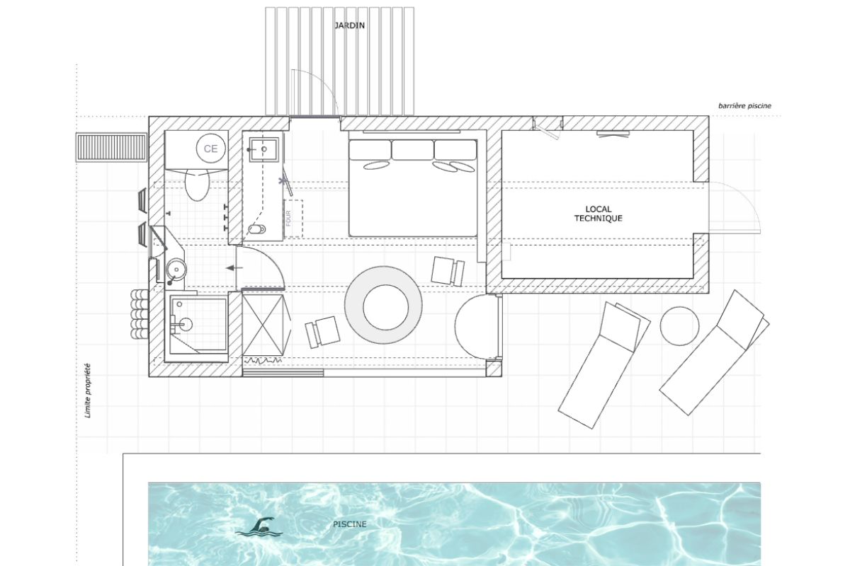 Aménagement intérieur pool house : plan après version jour