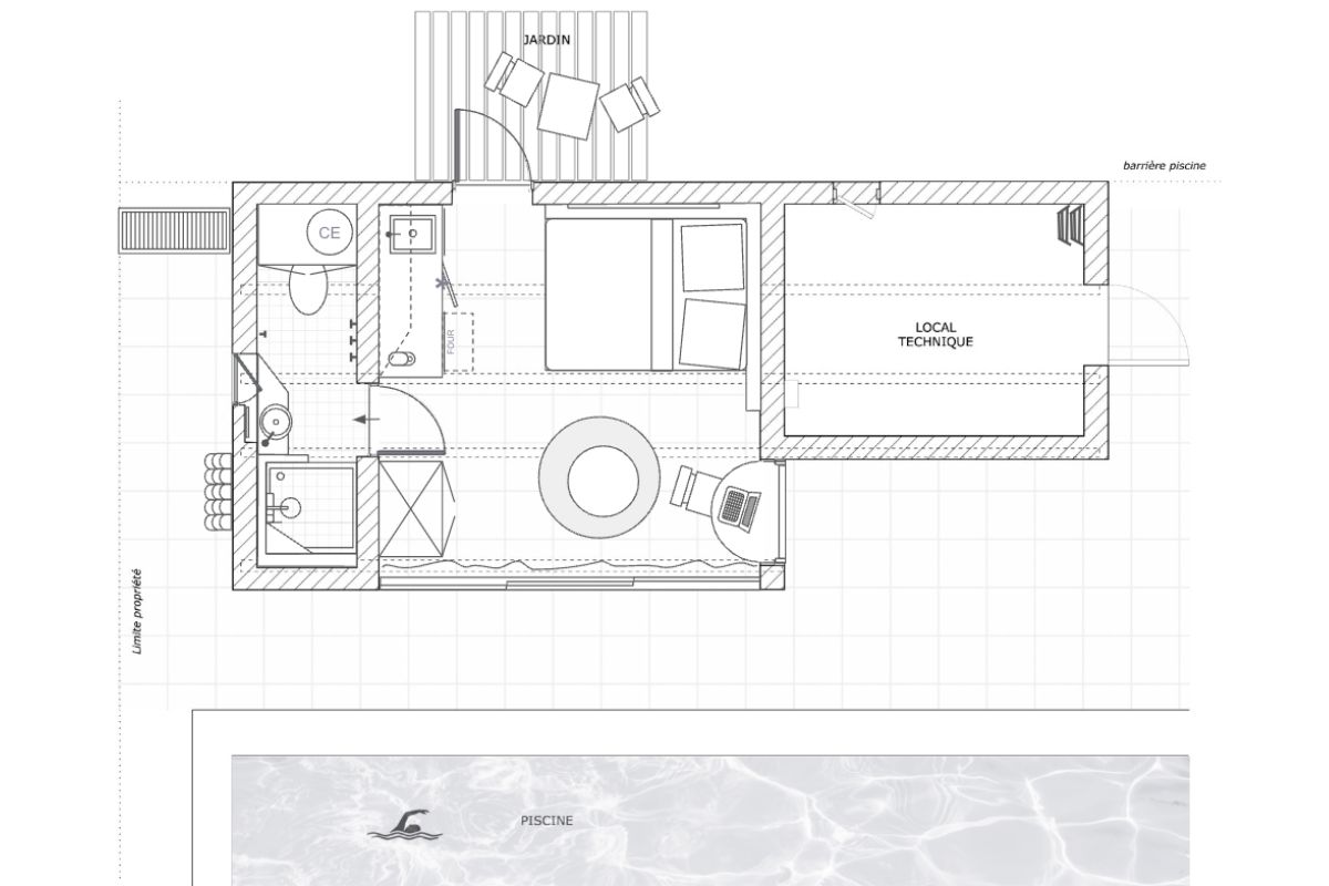 Aménagement intérieur pool house : plan après version nuit