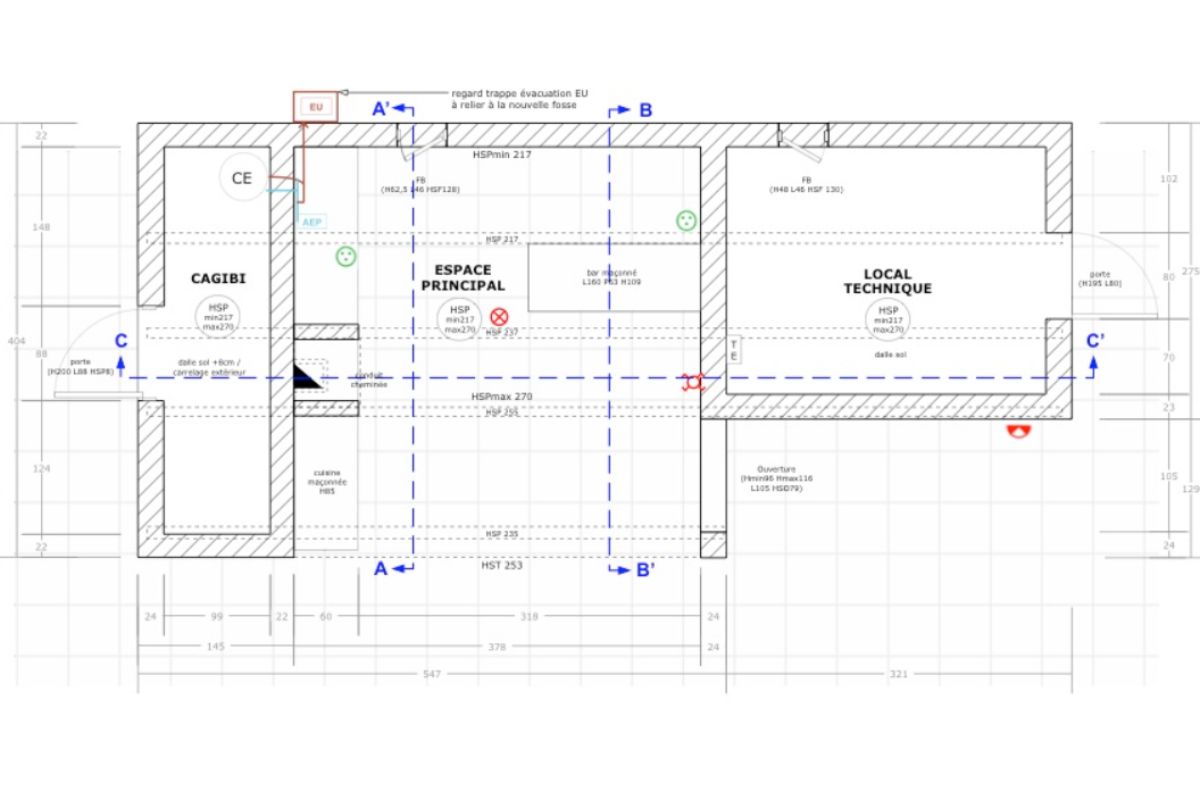 Aménagement intérieur pool house : plan avant
